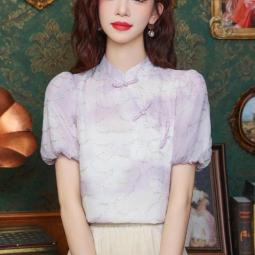 봄 여름 여성 스트레이트핏 매듭단추 퍼프소매 반짝이 블라우스 빅사이즈 라벤더마블