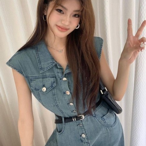 여성 데님 A라인 카라 싱글버튼 민소매 롱 원피스 포켓 트임 데일리룩 캐주얼 봄 여름 4882