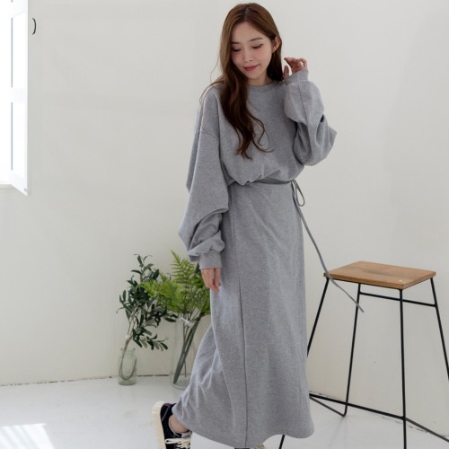무지 맨투맨 맥시롱 라운드 H라인 랩원피스 캐주얼룩