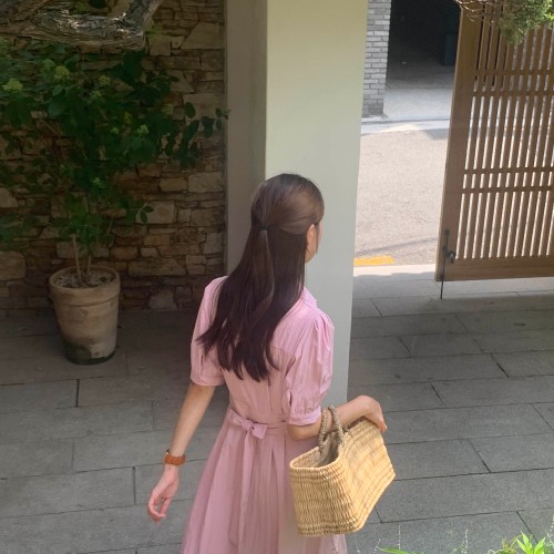 베를린 소매벌룬 반팔 셔츠 카라넥 단추 벨트 셔츠 롱 원피스(민트,핑크)