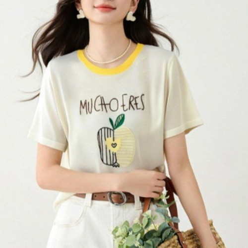 봄 여름 여성 루즈핏 과일 자수 반팔 티셔츠 아티스틱룩 데일리룩 배색 라운드넥 레터링