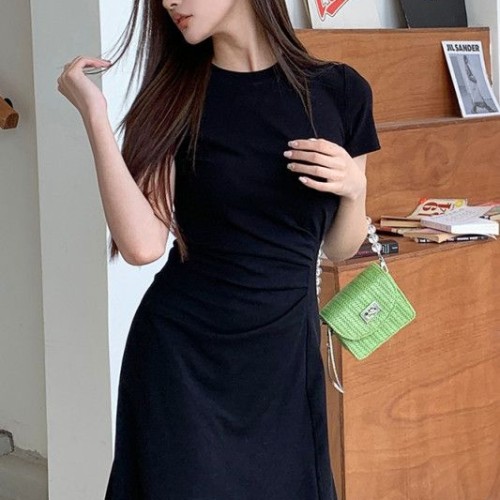 여성 라운드넥 엑스라인 셔링 미니 원피스 코튼 반팔 슬림핏 데일리룩 봄 여름 8199