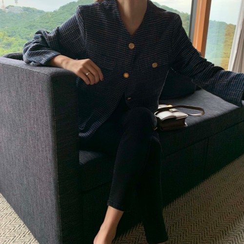 오버 노카라 루즈핏 골드버튼 긴팔 하프 케쥬얼 빈티지 트위드 재킷 자켓(민트,네이비)