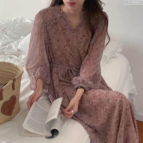 프시 프릴브이넥 플라워 허리끈 쉬폰 롱원피스 2col 가을 봄 맥시 버튼 밴딩 제이플로우